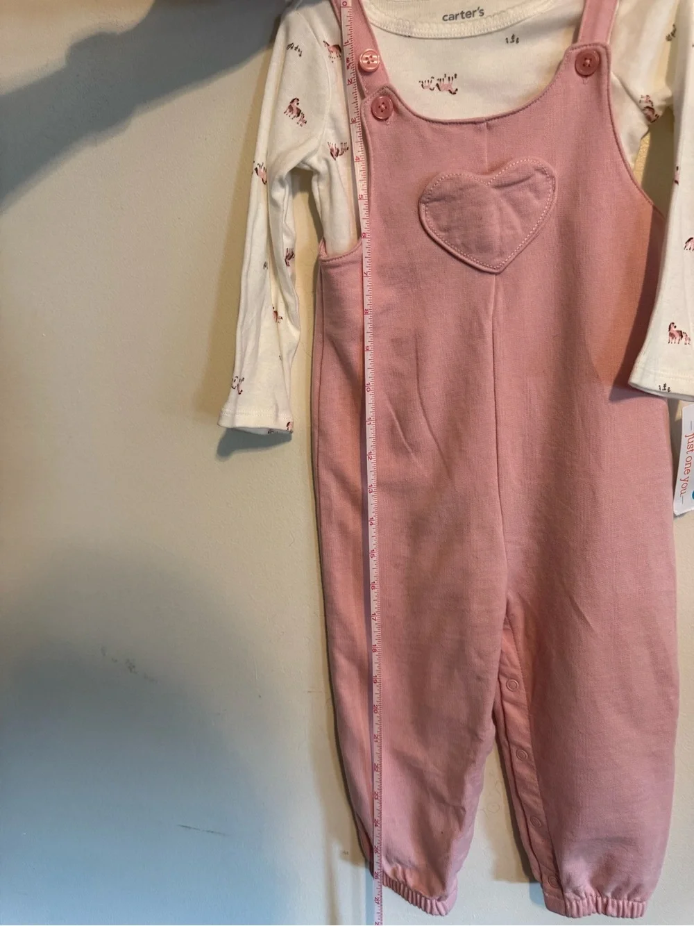 NWT Carter's Pink Heart Patch Overalls with Cream Long-Sleeve Horse Print Top